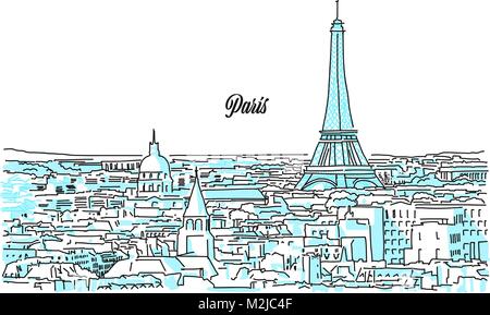 Paris Stadtbild Skizze. Hand gezeichnet Vector Illustration. Business Travel und Tourismus Konzept mit moderner Architektur. Stock Vektor