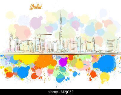 Bunte Dubai Skyline der Stadt. Hand gezeichnet Vektor-illustration, Paint Splatter Farbe isoliert auf weißem Hintergrund. Business Travel und Tourismus Konzept wi Stock Vektor