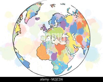 Bunte Karte Europa weltweit. Hand gezeichnet Vektor-illustration, Paint Splatter Farbe isoliert auf weißem Hintergrund. Business Travel und Tourismus Konzept mit Stock Vektor