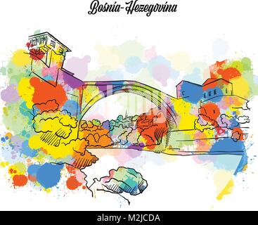 Bunte Brücke von Mostar Bosnia-Hezegovina. Hand gezeichnet Vektor-illustration, Paint Splatter Farbe isoliert auf weißem Hintergrund. Business Travel und Touri Stock Vektor