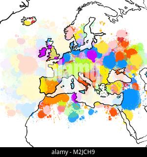 Bunt bemalten Karte von Europa. Hand gezeichnet Vektor-illustration, Paint Splatter Farbe isoliert auf weißem Hintergrund. Business Travel und Tourismus Konzept Stock Vektor