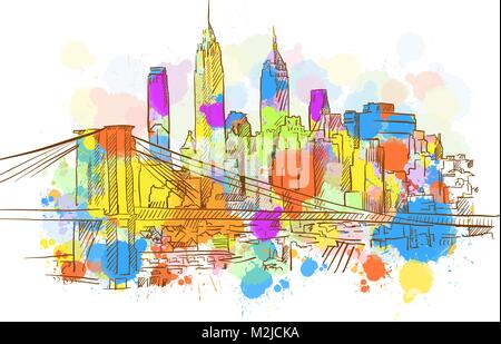 Bunte New York Metropole Skizze. Hand gezeichnet Vektor-illustration, Paint Splatter Farbe isoliert auf weißem Hintergrund. Business Travel und Tourismus Co Stock Vektor