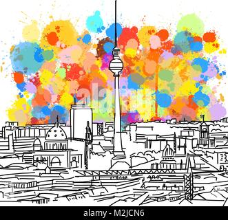 Buntes Berlin Skyline Skizze. Hand gezeichnet Vektor-illustration, Paint Splatter Farbe isoliert auf weißem Hintergrund. Business Travel und Tourismus Konzept Stock Vektor