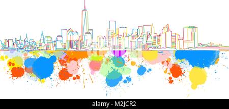 Bunte New York Skyline Skizze. Hand gezeichnet Vektor-illustration, Paint Splatter Farbe isoliert auf weißem Hintergrund. Business Travel und Tourismus Conce Stock Vektor