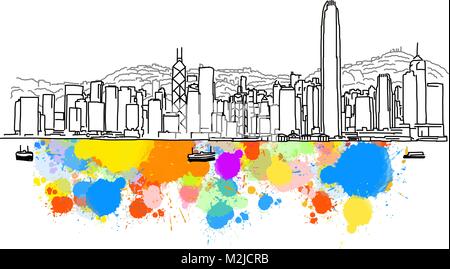 Bunte Skyline von Hongkong Skizze. Hand gezeichnet Vektor-illustration, Paint Splatter Farbe isoliert auf weißem Hintergrund. Business Travel und Tourismus Conc Stock Vektor