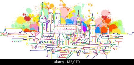 Bunte München Skyline Skizze. Hand gezeichnet Vektor-illustration, Paint Splatter Farbe isoliert auf weißem Hintergrund. Business Travel und Tourismus Konzept Stock Vektor