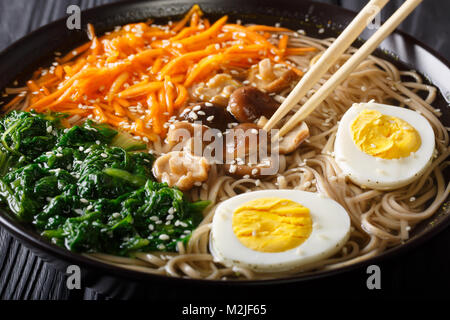 Asiatische Soba Suppe mit Gemüse, Pilzen, Eiern und Sesam close up in eine Schüssel. Horizontale Stockfoto