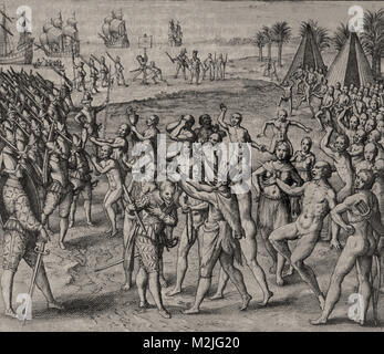 Theodor de Bry - Sir Francis Drake von den eingeborenen Indianer gekrönt Stockfoto