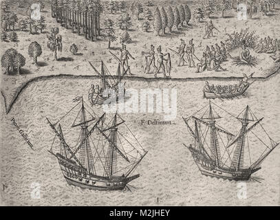 Theodor de Bry - Die Ankunft der französischen Schiffe in Florida französische explorer René goulaine de laudonniere Fort Caroline Stockfoto