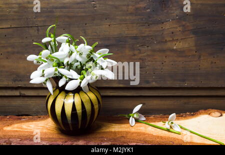 Snowdrop Blumen in einer Vase gegen rustikalen Holzmöbeln Hintergrund Stockfoto
