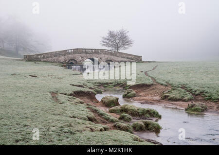 Hovingham Beck unter eine reich verzierte steinerne Brücke und Kaskadierung über eine kleine Wehr, an einem nebligen Morgen in Hovingham Park, Hovingham, North Yorkshire. Stockfoto