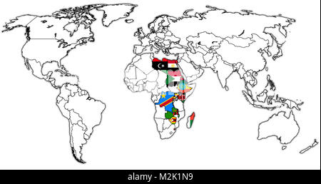 Gemeinsamen Markt für das Östliche und Südliche Afrika Länder Flaggen auf Weltkarte mit nationalen Grenzen Stockfoto