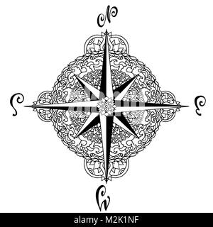 Windrose in Mandala Stil. Nautischen Kompass Symbol auf weißem Hintergrund. Asiatische Muster. Vector Illustration. Stock Vektor