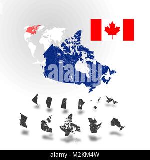 Karte von Kanada mit Flüssen und Seen, Karten der Provinzen und Territorien, Karte von Welt als Hintergrund und Flagge von Kanada. Bitte sehen Sie sich meine anderen Bilder Stock Vektor