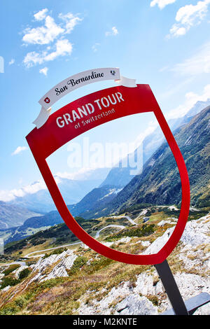 Grand Tour Schild am San Bernardino Pass, Schweiz Stockfoto