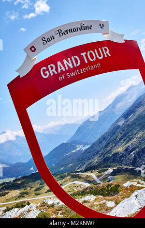 Grand Tour Schild am San Bernardino Pass, Schweiz Stockfoto