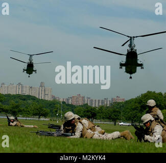 Marines von Marine Boden Task Force New York sichern eine Landing Zone während Hubschrauber raid-Demonstration an der Orchard Beach in er Bronx 22. Mai. (Offizielle Marine Corps Foto von Lance Cpl. Jad Sleiman) 090522-M -3107 S-0051 von NYCMarines Stockfoto