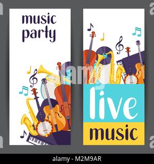 Jazz Party live Musik Banner mit Musikinstrumenten. Stock Vektor