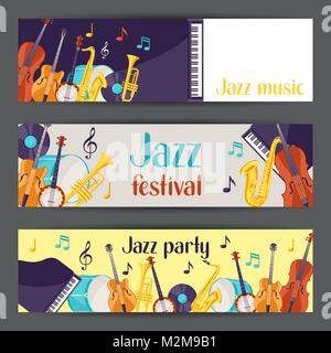 Jazz Musik Party festival Banner mit Musikinstrumenten. Stock Vektor