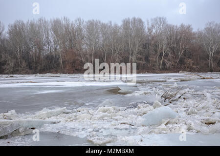 Frühjahr Hochwasser, Eisschollen auf der Theiß in Ungarn Stockfoto