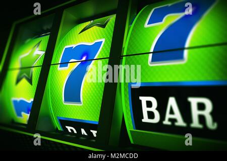 Grün Blau Slot Machine gerenderten 3D-Darstellung mit Nahaufnahme Tiefenschärfe. Lucky One Handed Bandit. Las Vegas Triple Seven. Stockfoto