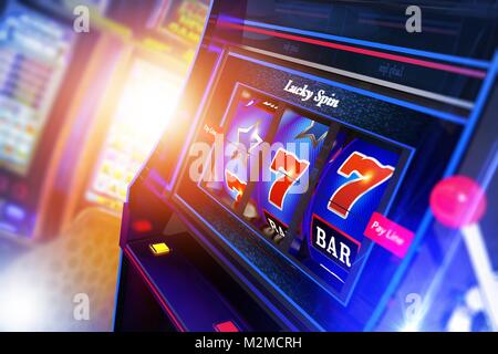 Slot Machine gerenderten 3D-Bild Nahaufnahme. Casino Spiele Konzept. Lucky One Handed Bandit. Stockfoto