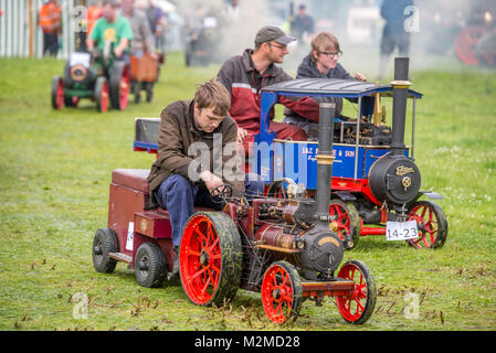 Junge Männer fahren in Miniatur Traktor Dampfmaschinen, Masham, North Yorkshire, Großbritannien Stockfoto