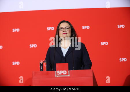 Berlin, Deutschland. 07 Feb, 2018. SPD-Chef Martin Schulz übergibt Vorsitz an die Partei der Fraktionsvorsitzende Andreas Nahles. Andrea Nahles wäre die erste Frau an der Spitze der SPD sein. Unter anderem Martin Schulz erklärte, dass er will, dass Außenminister in eine neue große Koalition und, dass ein Prozess der Erneuerung ist notwendig, innerhalb der SPD zu werden. Das Foto zeigt Andrea Nahles Credit: Simone Kuhlmey/Pacific Press/Alamy leben Nachrichten Stockfoto