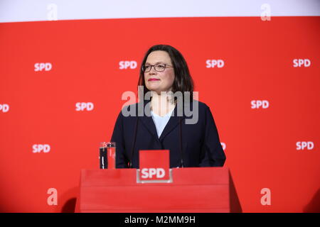 Berlin, Deutschland. 07 Feb, 2018. SPD-Chef Martin Schulz übergibt Vorsitz an die Partei der Fraktionsvorsitzende Andreas Nahles. Andrea Nahles wäre die erste Frau an der Spitze der SPD sein. Unter anderem Martin Schulz erklärte, dass er will, dass Außenminister in eine neue große Koalition und, dass ein Prozess der Erneuerung ist notwendig, innerhalb der SPD zu werden. Das Foto zeigt Andrea Nahles Credit: Simone Kuhlmey/Pacific Press/Alamy leben Nachrichten Stockfoto