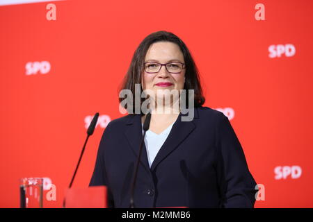 Berlin, Deutschland. 07 Feb, 2018. SPD-Chef Martin Schulz übergibt Vorsitz an die Partei der Fraktionsvorsitzende Andreas Nahles. Andrea Nahles wäre die erste Frau an der Spitze der SPD sein. Unter anderem Martin Schulz erklärte, dass er will, dass Außenminister in eine neue große Koalition und, dass ein Prozess der Erneuerung ist notwendig, innerhalb der SPD zu werden. Das Foto zeigt Andrea Nahles Credit: Simone Kuhlmey/Pacific Press/Alamy leben Nachrichten Stockfoto