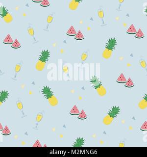 Süße tropische Muster mit Wassermelonen, Ananas, Cocktails und kleine Dreiecke in Pastelltönen dekoriert, und mit pastellfarbenen blauen Hintergrund. Stock Vektor