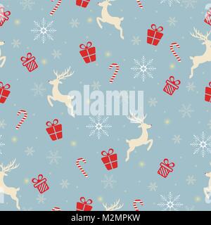 Vector Illustration von Weihnachten Muster mit weißen Rentiere, Zuckerstangen, rot Geschenke und Schneeflocken auf blauem Hintergrund. Stock Vektor