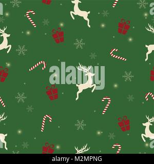 Vector Illustration von Weihnachten Muster mit weißen Rentiere, Zuckerstangen, rot Geschenke und Schneeflocken auf grünem Hintergrund. Stock Vektor