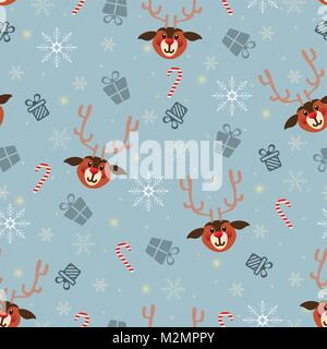 Vector Illustration von Weihnachten Muster mit niedlichen Rentiere, Geschenke, Zuckerstangen, blau Bäume und Schneeflocken auf blauem Hintergrund. Stock Vektor