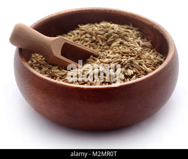 Fenchel Samen in einer Schüssel mit Schaufel auf weißem Hintergrund Stockfoto