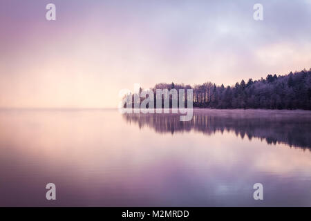 Morgen Nebel und Reflexionen auf dem See. Stockfoto