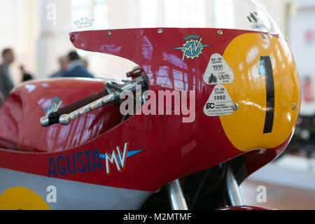 Triest, Italien, 02. September 2016: Show 110 anni del motoclub Triest. Foto von seltenen Giacomo Agostini MV Agusta 500 cc Drei ist ein rennmotorrad zu konkurrieren Stockfoto