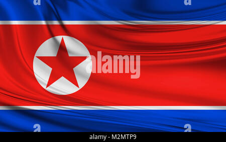 Nationale wehende Flagge der Nord Korea auf einer Seide drapieren Stockfoto