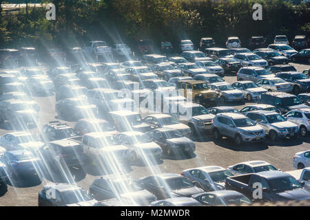 Kearny, USA - 27. Oktober 2017: Blick von New Jersey Auto Parkplatz mit vielen glänzenden Autos, Reflexion über das helle Sonnenlicht flare Strahlen Stockfoto