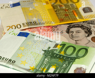 Euro und UK Währung Banknoten Stockfoto