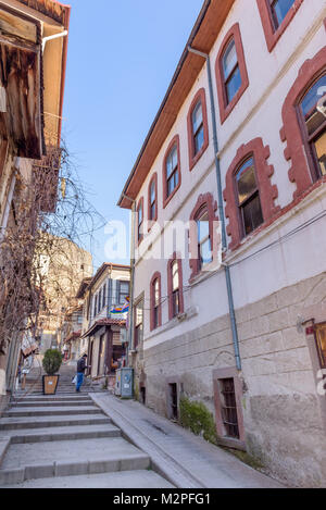 Ansicht der traditionellen, alten und historischen Anatolien Mudurnu Häuser im historischen Viertel in Bolu Türkei. 27. Januar 2018 Stockfoto