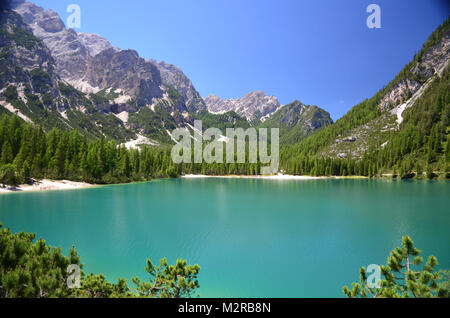 Pragser Wildsee/Lake Prags, Pustertal, Dolomiten, Südtirol, Trentino, Italien Stockfoto