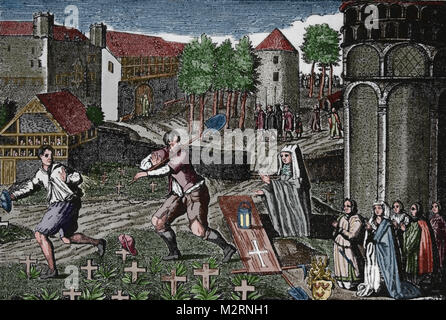 Ghost cotillion der Seelen der Schwarze Tod Opfer lebendig, 1347 begraben wurden. Deutsche Gravur, 1604. Stockfoto