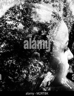 Abstrakte schwarze und weiße Double Exposure portrait von frau Stockfoto