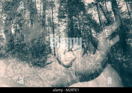 Abstract Double Exposure mann Porträt im Schwarzwald Stockfoto