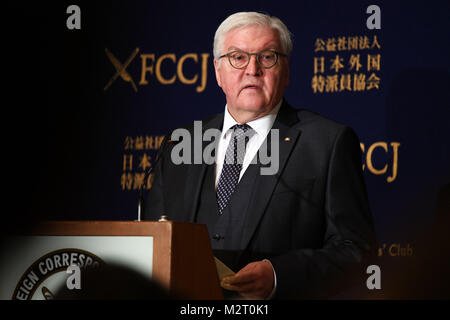 Tokio, Japan. 07 Feb, 2018. Bundespraesident Steinmeier spricht in der Auslandskorrespondenten Club von Japan in Tokio, Japan, 07. Februar 2018. Credit: Maurizio Gambarini/dpa/Alamy leben Nachrichten Stockfoto