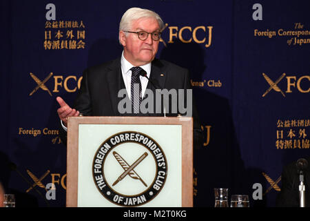 Tokio, Japan. 07 Feb, 2018. Bundespraesident Steinmeier spricht in der Auslandskorrespondenten Club von Japan in Tokio, Japan, 07. Februar 2018. Credit: Maurizio Gambarini/dpa/Alamy leben Nachrichten Stockfoto