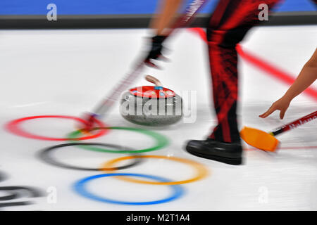 Eisstockschießen Aktion, Detail, Wischer, Besen, Stein, vor den Olympischen Ringen, allgemein, Feature, Randmotiv, Curling Mixed Double Round Robin Sitzung 1, Gangneung Curling Center am 08.02.2018, Olympische Winterspiele 2018, vom 09.02. - 25.02.2018 in PyeongChang/Suedkorea. Quelle: dpa Picture alliance/Alamy leben Nachrichten Stockfoto