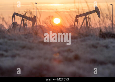 Emlichheim, Deutschland. 8 Feb, 2018. Ein Blick auf die Silhouette eines Pferdes - Kopf Pumpe bei Sonnenaufgang in Emlichheim, Deutschland, 8. Februar 2018. Seit mehr als 70 Jahren hat sich das Öl in Bentheim extrahiert wurden. Credit: Friso Gentsch/dpa/Alamy leben Nachrichten Stockfoto