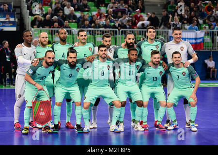 Ljubljana, Slowenien. 8 Februiary, 2018. Portugal futsal Team stellt für Fotos vor dem UEFA-Futsal-EURO Meisterschaft Halbfinale 2018 Match zwischen Russland und Portugal in Ljubljana, Slowenien am 8. Februar 2018. © Jure Makovec Credit: Jure Makovec/Alamy leben Nachrichten Stockfoto